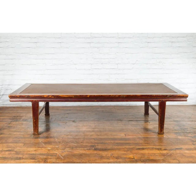 Asian Chinese Qing Dynasty Elm Opium Bed Coffee Table with Rattan Top and Distressing For Sale - Image 3 of 13