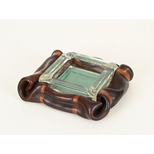 Glass Italian Curved Leather and Crystal Glass Ashtray from Nova Tecno, 1950s For Sale - Image 7 of 14