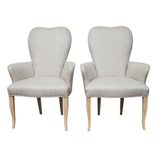 Pair of French Midcentury Armchairs with Linen Upholstery, Curved Tapered Legs For Sale