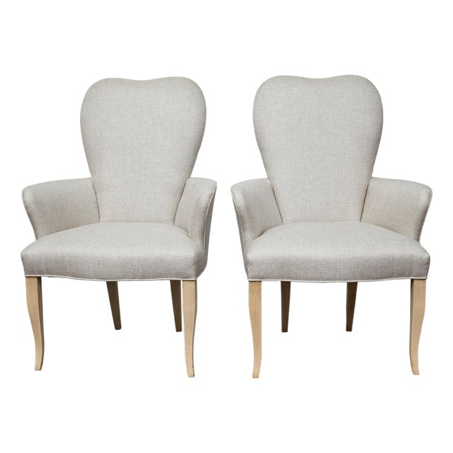 Pair of French Midcentury Armchairs with Linen Upholstery, Curved Tapered Legs For Sale
