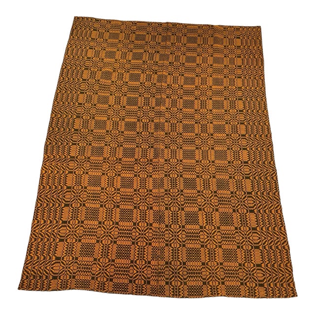 Antique Welsh Weave Overshot Coverlet in Mustard & Dark Brown For Sale