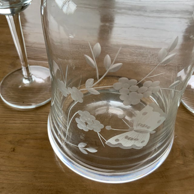 Mid 20th Century Vintage Etched Glass Decanter & Set of 4 Wineglasses Featuring Butterfly and Grapevine Motif For Sale - Image 5 of 11
