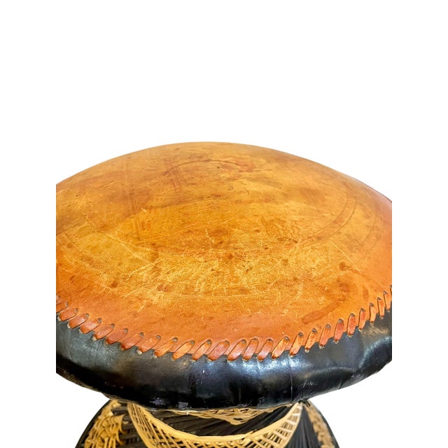 Pair of Mid-Century Anglo-Indian Leather & Rattan Drum Stools For Sale - Image 6 of 17