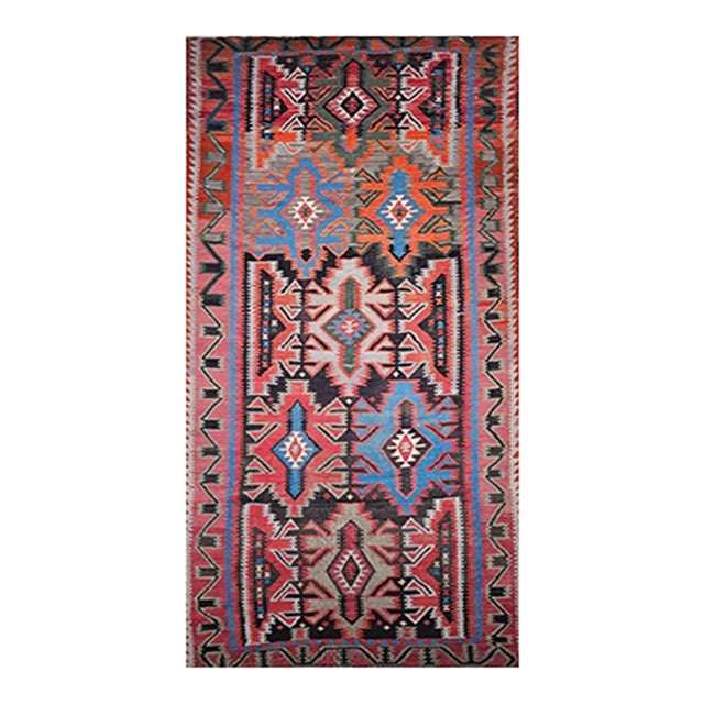 Antique Caucasian Kazak Kilim, Handwoven Wool, Geometric Design, Terracotta & Turquoise, 6x11 For Sale