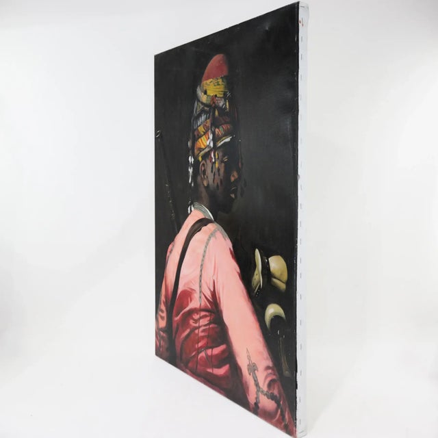 A compelling contemporary oil painting portraying a figure in profile, dressed in a vivid pink garment and adorned with a...