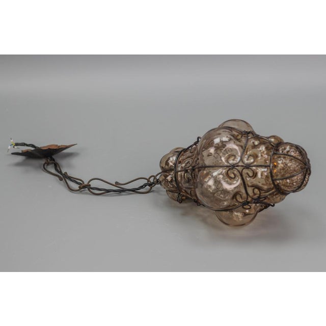 Italian Venetian Amber Smoke Coloured Clear Murano Glass Caged Hanging Lantern, 1950s For Sale - Image 12 of 18