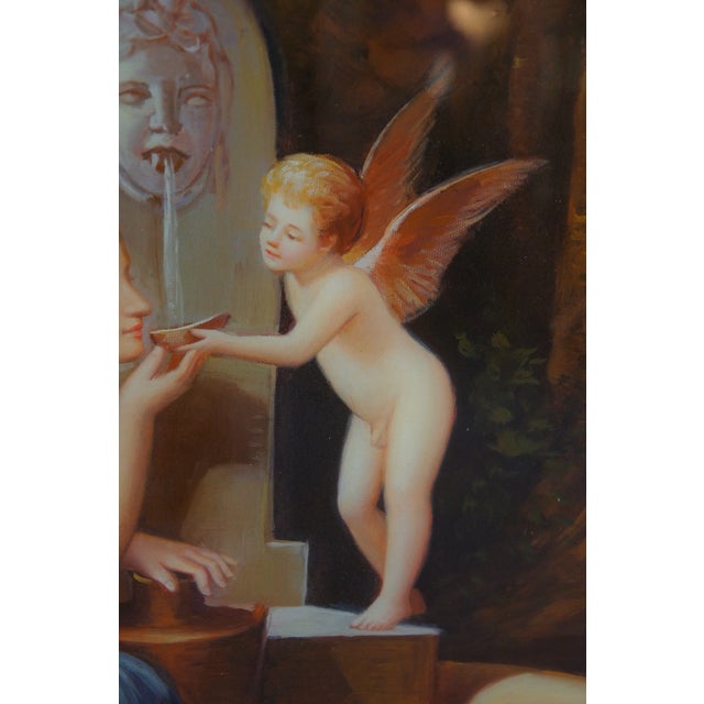 Gold Mid 20th Century At the Fountain Cupid Angel of Love Oval Oil Painting After Henri Pierre Picou For Sale - Image 8 of 12