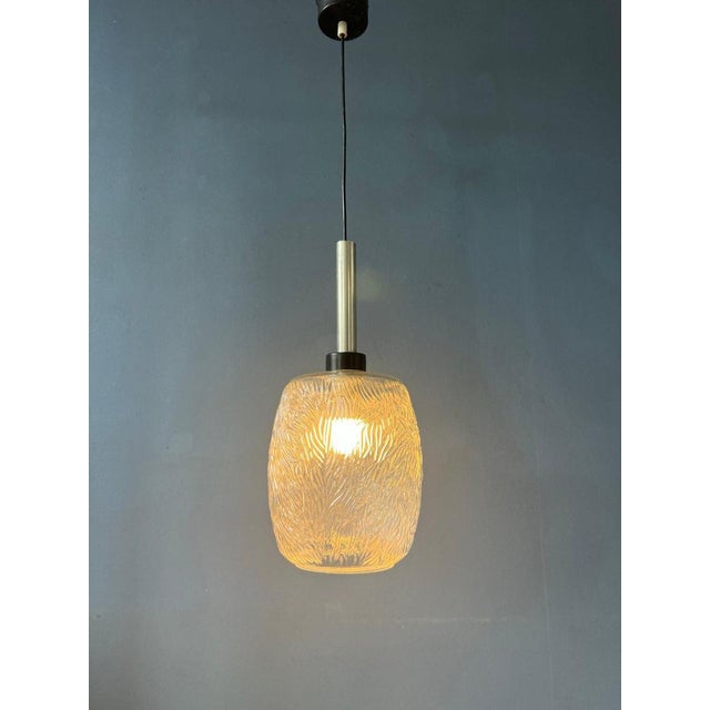 Mid-Century Patterned Clear Glass Pendant Lamp For Sale - Image 3 of 11