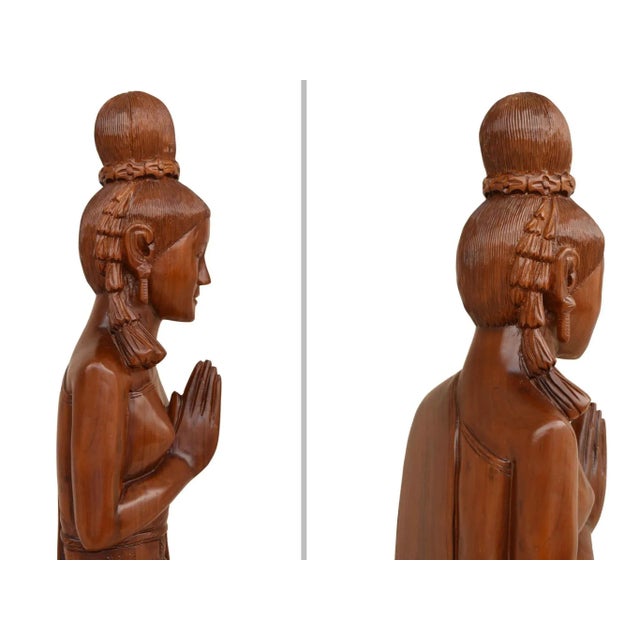Mid 20th Century Life Size Hand Carved Solid Wood Sawasdee Thai Women Greeter Statue For Sale - Image 9 of 11