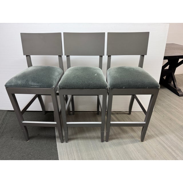 Transitional Custom Design Wood + Mohair Barstools, Set of Three For Sale - Image 3 of 12