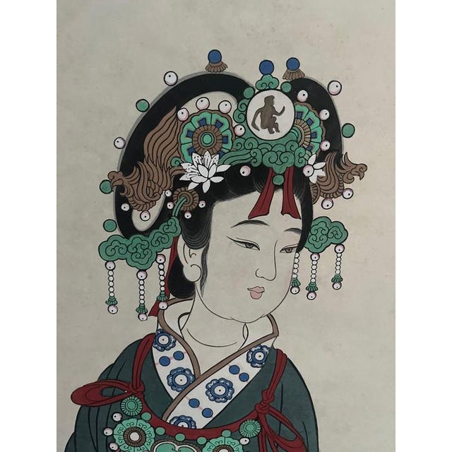 Large Silk Scroll Japanese Wall Hanging Print of Japanese woman in tradition dress Scroll has a wooden lower scroll