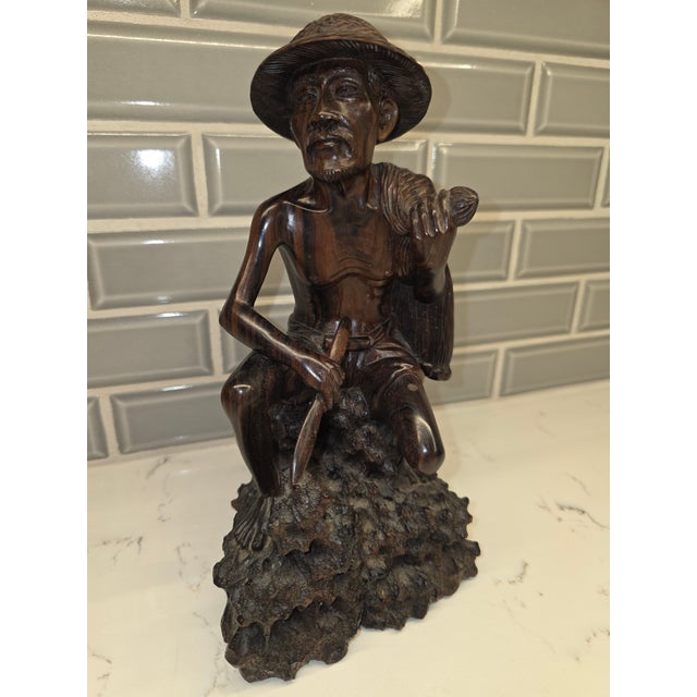 Coffee Mid 20th Century Realism Balinese Macassar Ebony Fisherman Masterpiece Sculpture by Darsana (Mas, Bali) For Sale - Image 8 of 12