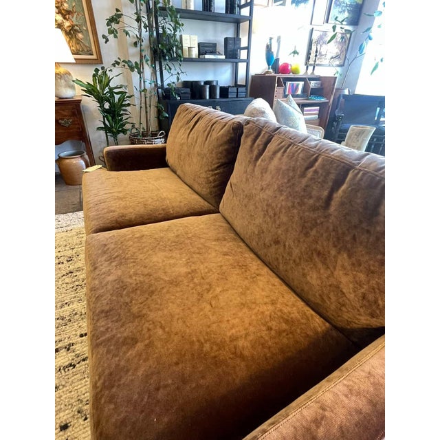 Traditional Two Seater Brown Velvet Sofa With Casters For Sale - Image 3 of 10