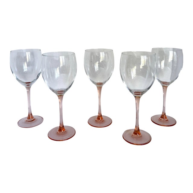 Set of 5 Pink Stemmed Luminarc Wine Glasses Made in France For Sale