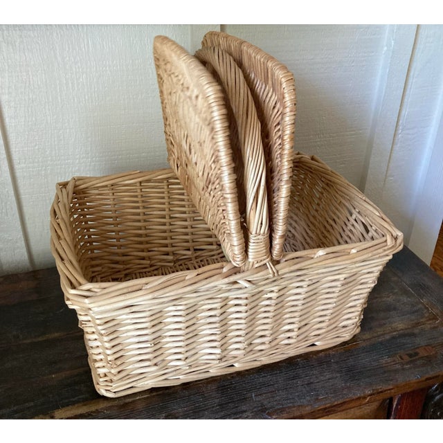 Farmhouse Large Vintage Rattan / Wicker Double Lid Picnic Basket for Farmhouse, Coastal, Rustic European, Cottage Core and Traditional Decor For Sale - Image 3 of 5