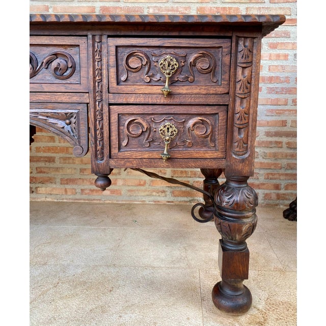 19th Century French Renaissance Hand Carved Desk or Writing Table with Carved St For Sale - Image 11 of 18