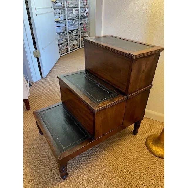 Library Steps -Antique Walnut Wood With Black Tooled Leather on Top of Steps, Opens for Storage For Sale - Image 4 of 6