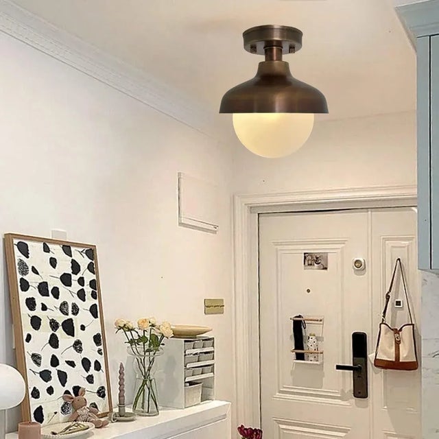 2020s Handmade Brass Flush Mount With Antique Finish - Vintage Milk Glass Shade For Sale - Image 5 of 9