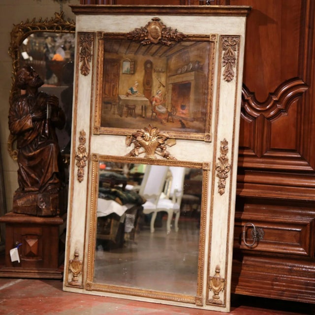 19th Century French Louis XVI Carved Painted and Gilt Wall Trumeau Mirror For Sale - Image 4 of 10