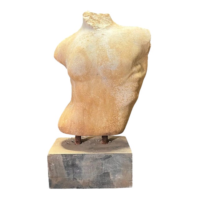 Neoclassical Marble Male Torso Study on Concrete Base, Grand Tour Style Fragment For Sale
