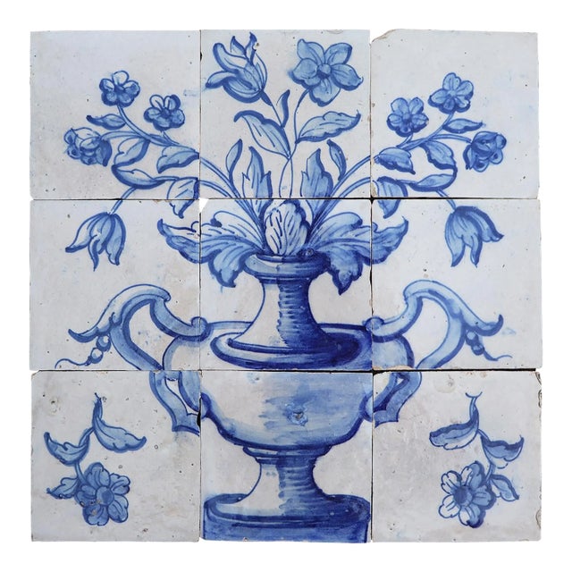 Tile Mural Panel Depicting a Vase With Baroque Flowers, Portuguese, 18th Century For Sale