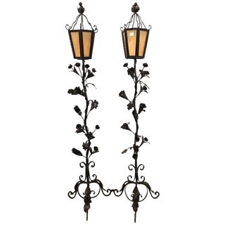 Pair of Black Iron Painted Art Glass Lidded Torchieres or Lanterns For Sale