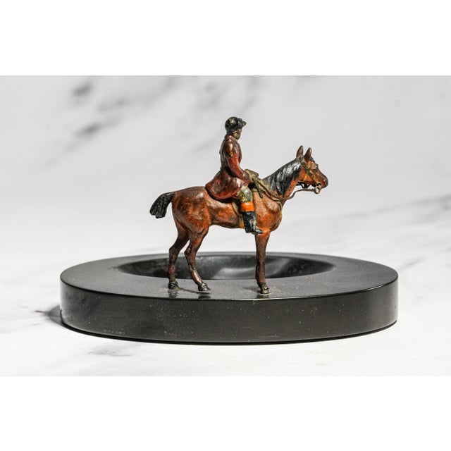 Charming Antique Austrian Cold Painted Bronze Fox Hunt Horse Sculpture Catchall English Equestrian Desk Tray Black Stone Home Office Decor For Sale - Image 9 of 13