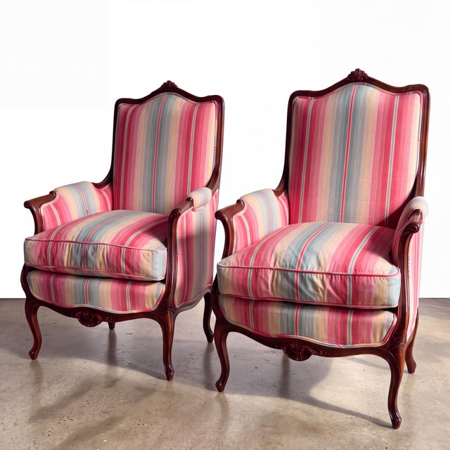 Bright Pink Mid-Century French Style Carved Mahogany Arm Chairs W/ Down Cushions - Pair For Sale - Image 8 of 8