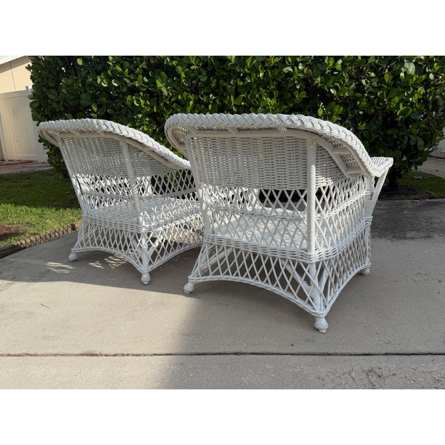 Late 20th Century Vintage Handwoven Rattan Lounge Chairs With Braided Trim, Pair For Sale - Image 5 of 12