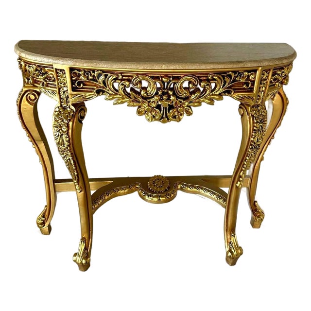 French Style Console Table – Beige Marble Top For Sale