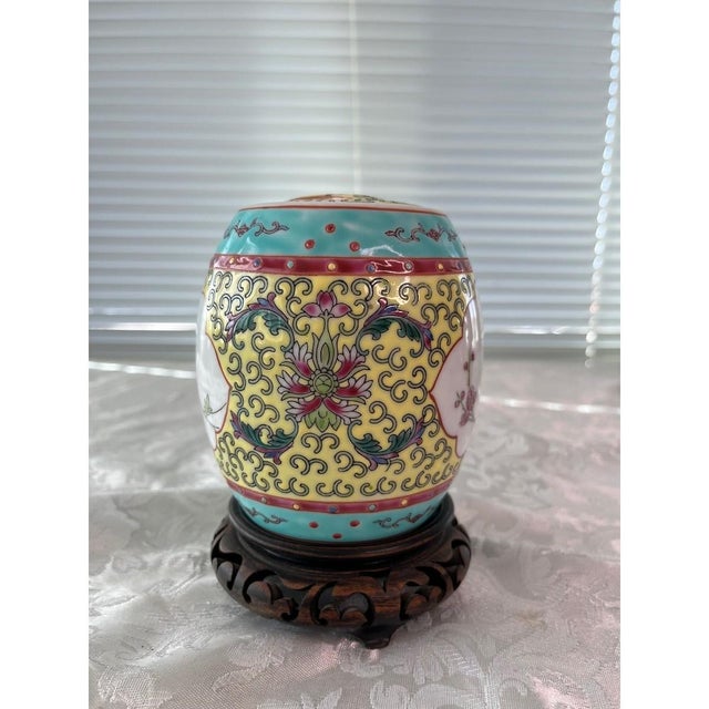 Asian Vintage Jingdezhen Famille Rose Porcelain Ginger Jar & Stand - Bird & Floral 5" For Sale - Image 3 of 8