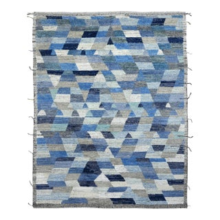 Blue Modern Moroccan Style Handmade Wool Rug With Allover Geometric Pattern For Sale