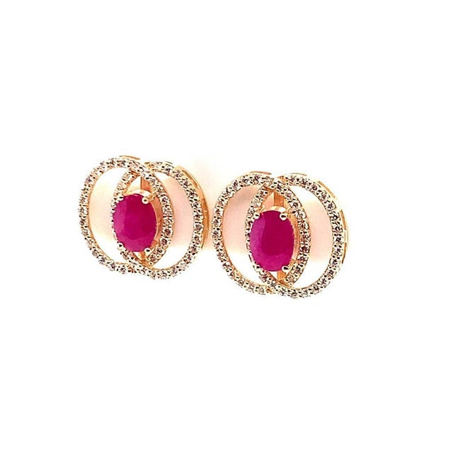 Metal Diamond Ruby Stud Earrings 14 Karat Yellow Gold 2.41 TCW Certified For Sale - Image 7 of 17