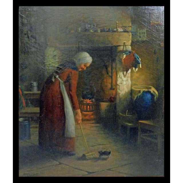 Untitled Woman Playing with Cat Oil Painting on Canvas Condition : Aged bases Crazing in paint throughout. Hand Signed by...