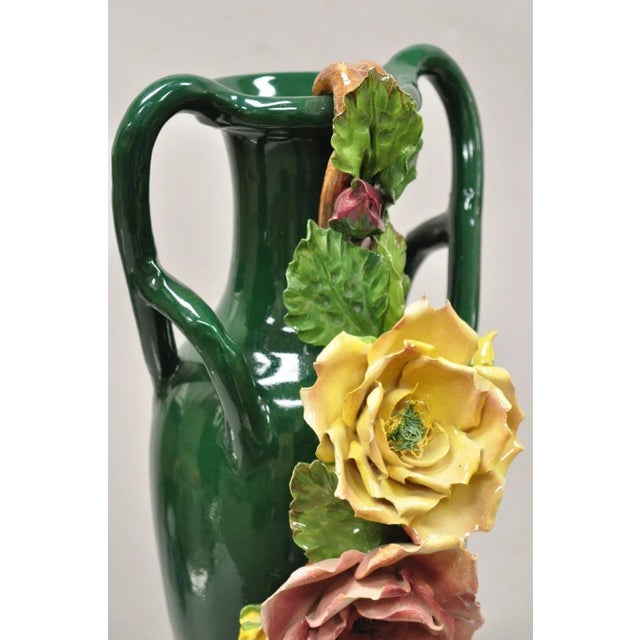 Victorian Vtg Victorian Style Green Ceramic Capodimonte 18" Vase With Pink Yellow Flowers For Sale - Image 3 of 13