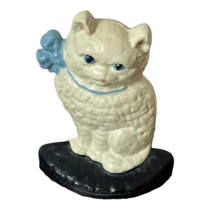 1990s White Cat With Blue Ribbon Collar Doorstop in Iron From Maine