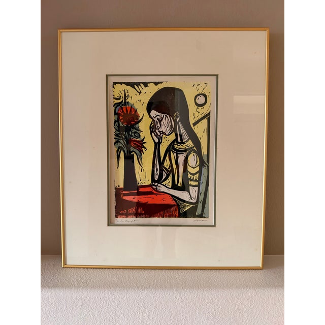 American Irving Amen (American, 1918–2011) "In Thought" Signed Limited Edition Color Woodcut, Framed For Sale - Image 3 of 12