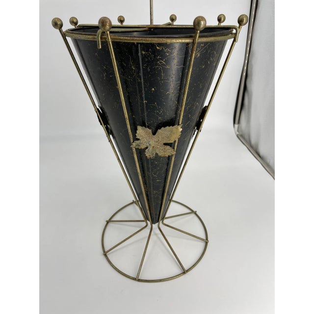 Mid-Century Modern Mid Century Modern Brass and Black Umbrella Stand With Brass Leaves For Sale - Image 3 of 8
