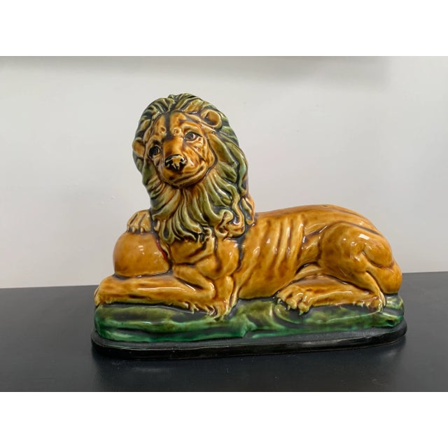 Enesco, Apparence Vintage Enesco Majolica Resting Lion on Ball For Sale - Image 4 of 7
