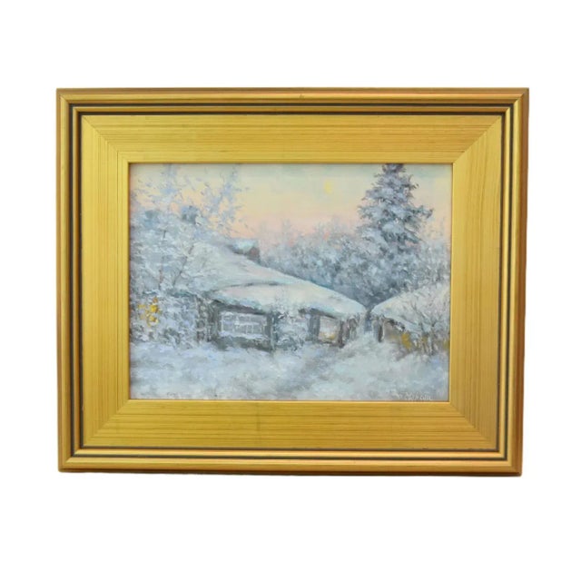 Wood Impressionist Winter Landscape Cottage Oil Painting Including the Antiqued Gold Wood Frame For Sale - Image 7 of 8