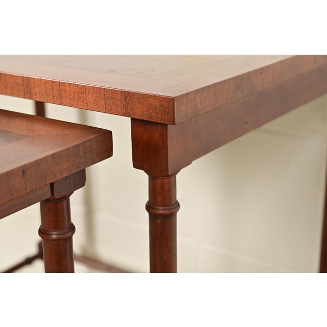 Brown Baker Furniture English Regency Walnut and Burl Wood Parquet Top Nesting Tables, Pair For Sale - Image 8 of 13