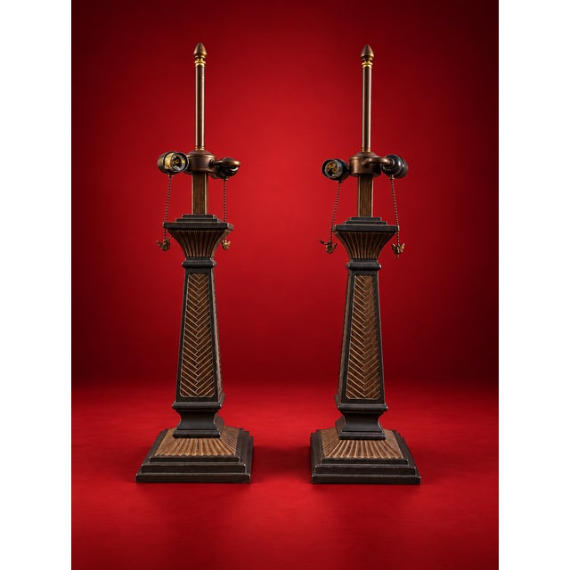 2020s Neoclassical Bronze-Tone Column Table Lamps - Pair For Sale - Image 5 of 6