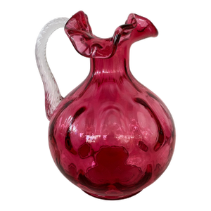 1950s Fenton Cranberry Coin Dot Art Glass Pitcher With Twisted Clear Handle