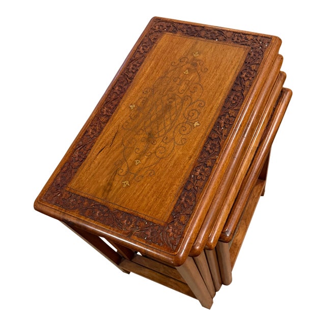 Vintage Hand-Carved Hardwood Nesting Tables Set of 4 With Brass Inlay & Hidden Drawer For Sale