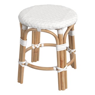 Tobias 18 in. Seat Height Round Rattan Dining Stool, Glossy White/ Natural Rattan Frame For Sale