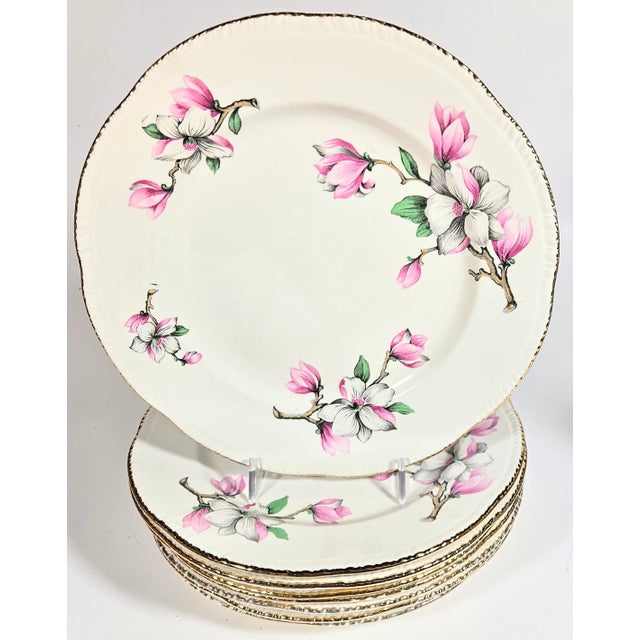 Gold Rimmed Pink Dogwood China Plates- Set of Eight For Sale - Image 4 of 13