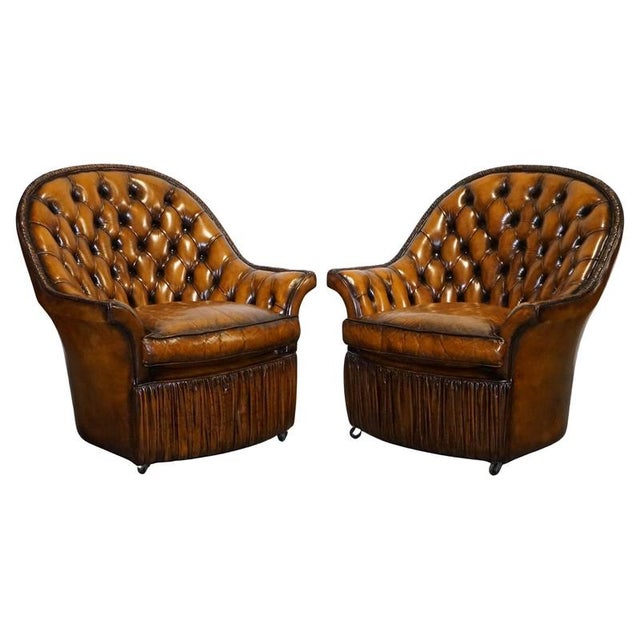 Brown Hand-Dyed Leather Chesterfield Armchairs with Pleated Front, Set of 2 For Sale - Image 14 of 14