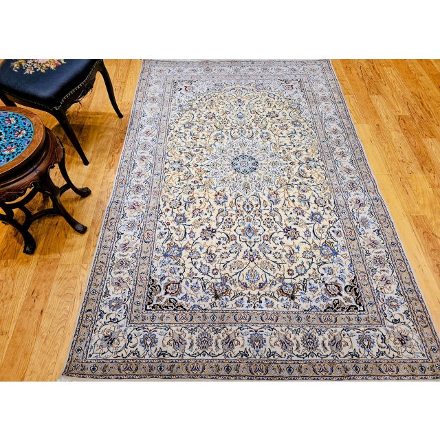Persian Vintage Persian Nain Area Rug, Hand-Knotted Wool & Silk, Floral Pattern, 5x7, Ivory & Blue For Sale - Image 3 of 16