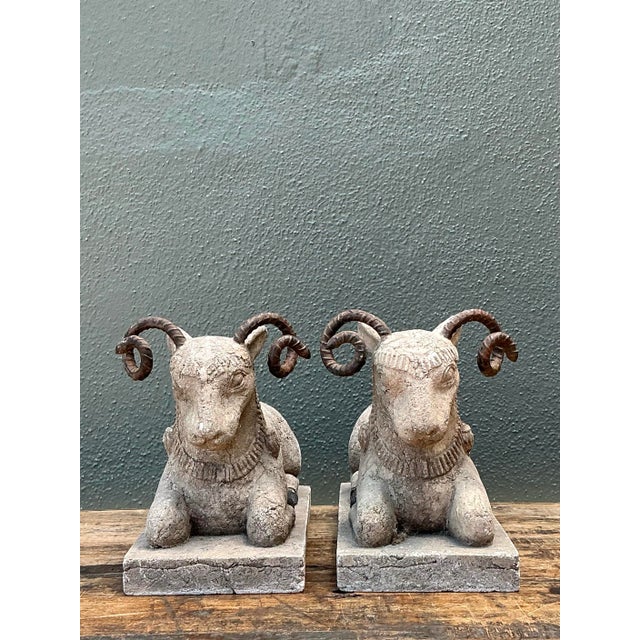 Vintage Plaster and Metal Ram Sculptures - Pair For Sale - Image 4 of 12