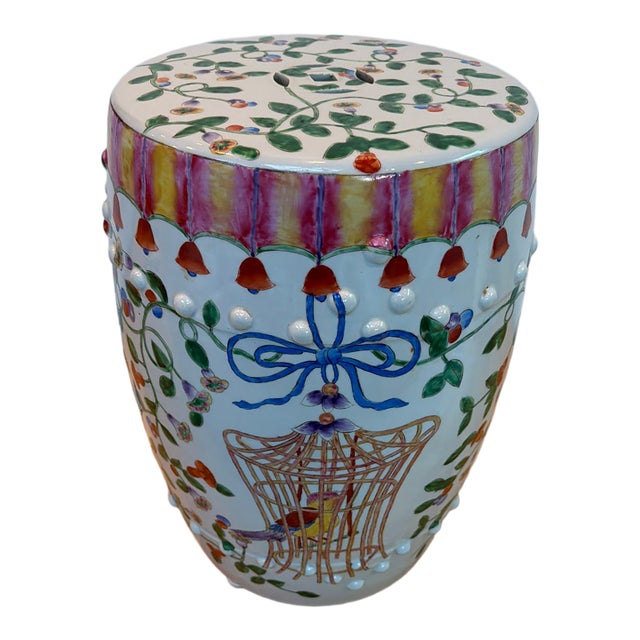 Altfield Hong Kong Hand-Painted Chinoiserie Ceramic Garden Stool With Birdcage Motif For Sale